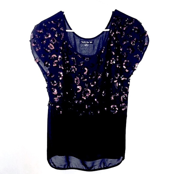 DOUBLE ZERO Sheer Black Sparkly Top Copper Sequins Cap Sleeve Women’s Small NWOT - Picture 1 of 10